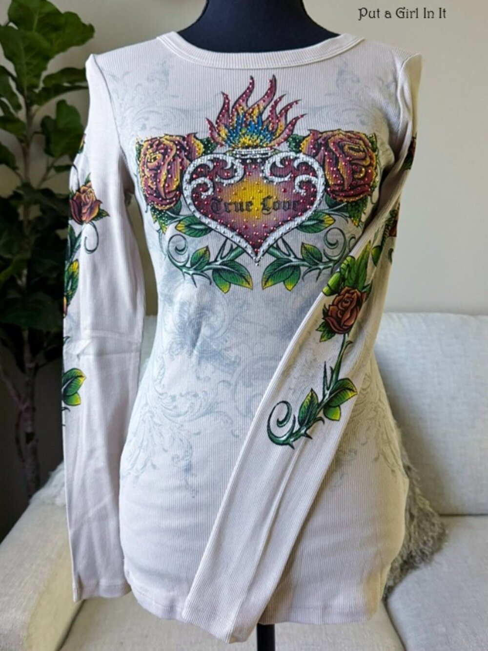 Vocal Apparel Women's Crystal Old School Taupe True Love Tattoo Shirt S M L Y2K